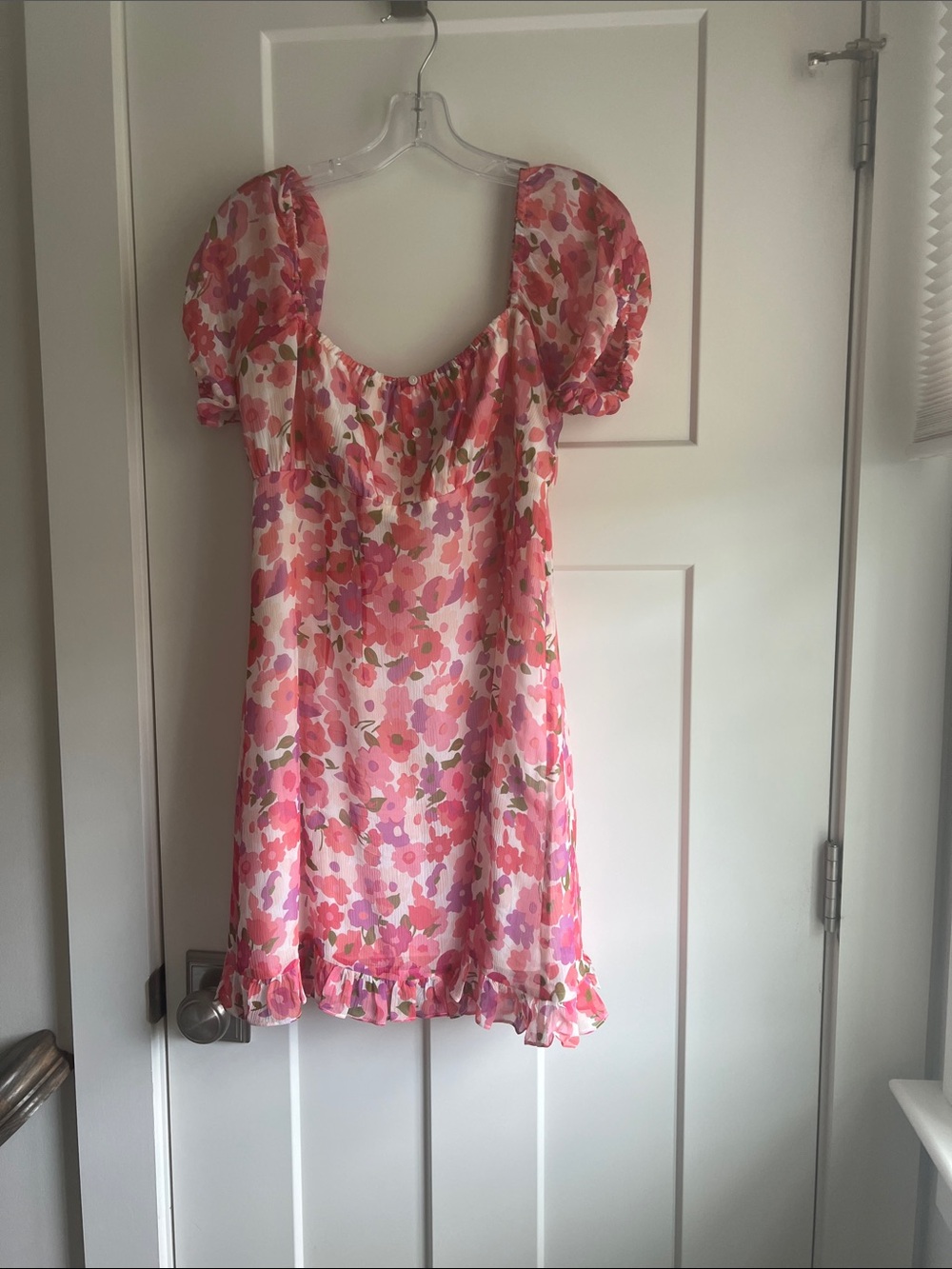 Nicole Miller Floral Pink Puff-Sleeve Mini Dress with Ruffle Hem
